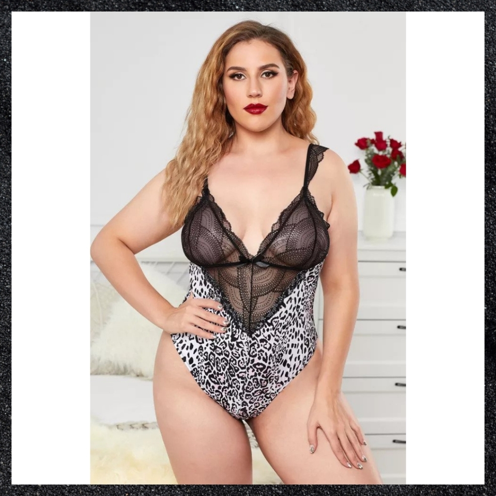 *SOLD OUT*Black, White, & Pink Lace Animal Print Bodysuit Plus Size - Picture 6 of 12